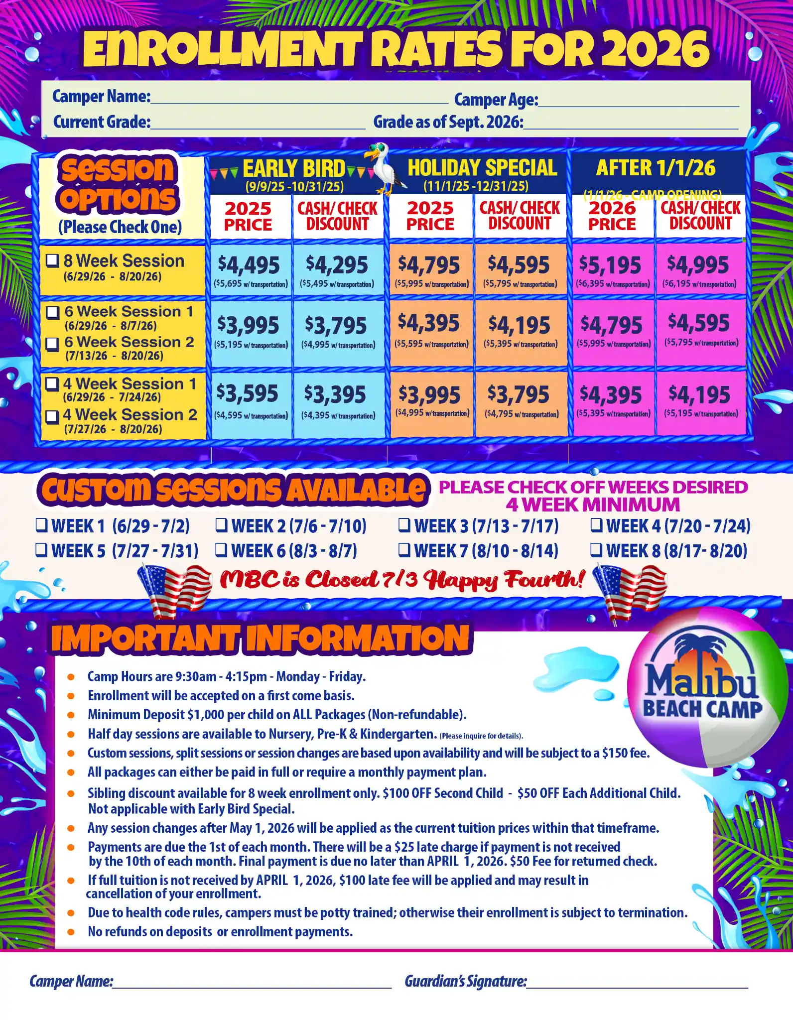 Malibu Beach Camp Rates