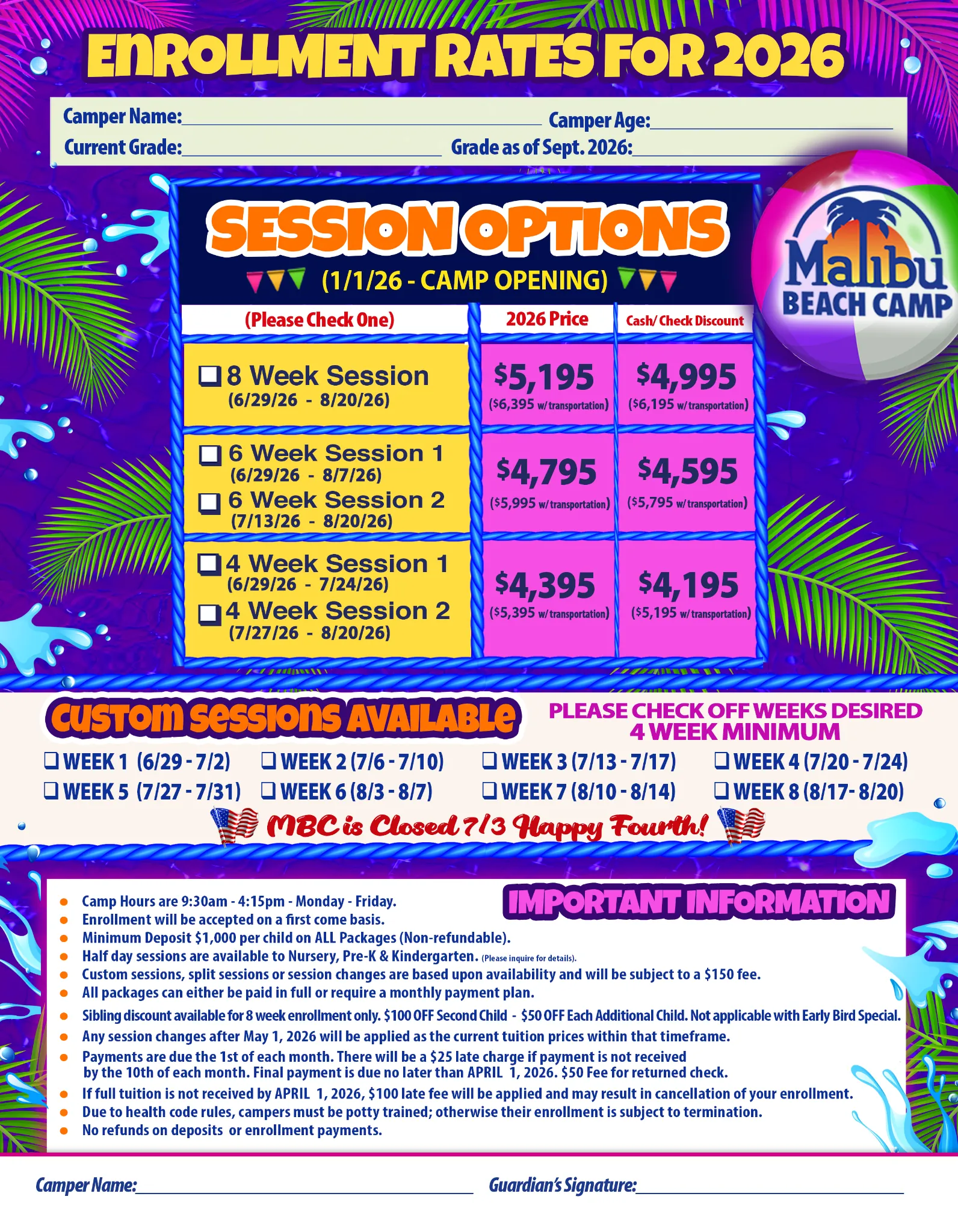 Malibu Beach Camp Rates